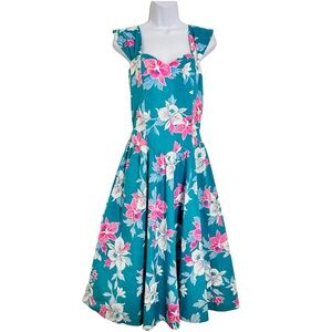Vintage 80s Royal Creations Hawaiian Tropical Basque Waist Midi Sundress M/L